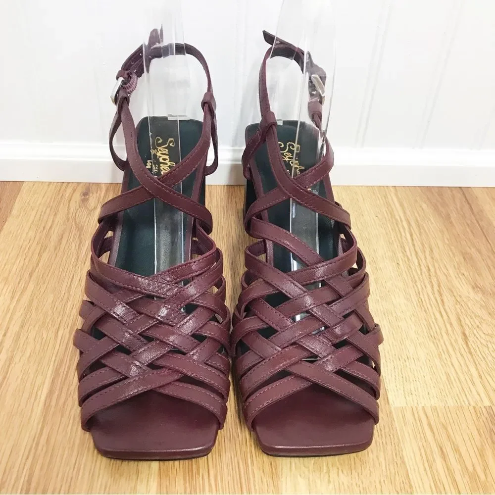 SEYCHELLE Burgundy Braided Leather Chunky Heel Sandal Strappy Woven‎ Size 6